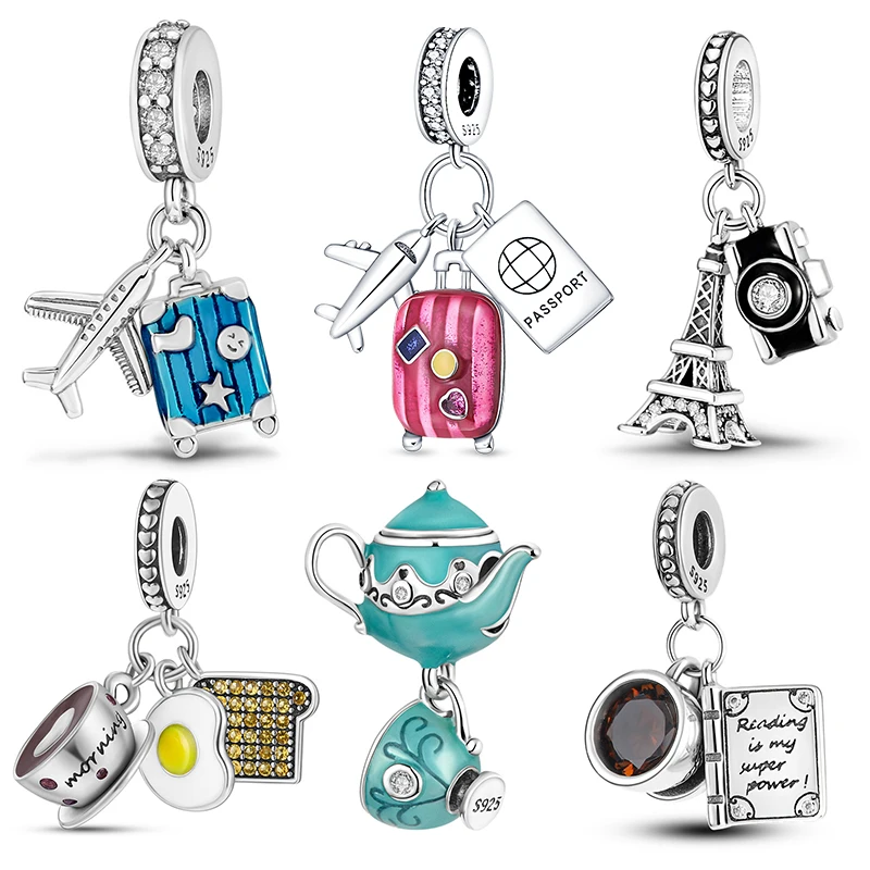 Genuine 925 Sterling Silver Book And Coffee Cup Charms Fit Original pand 3mm Bracelet Pendant Beads Women Fine Jewelry