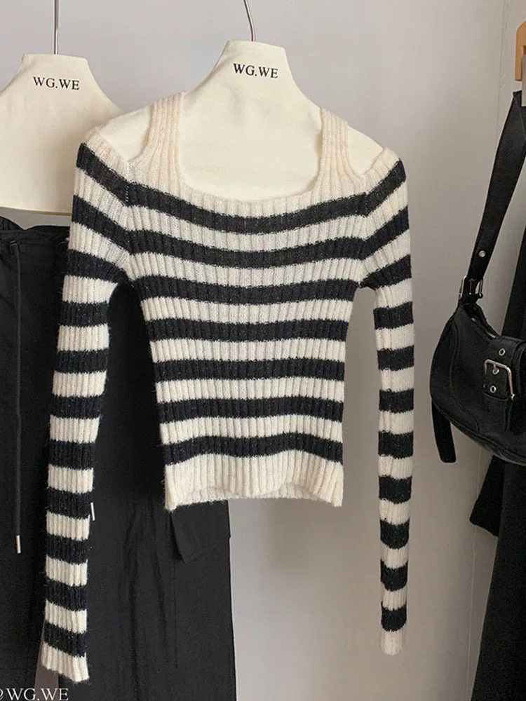 Sweet Preppy Style Classical Striped Sweater Women Halter Knitted Pullover High Street Casual Jumper Japanese Y2k Autumn Winter