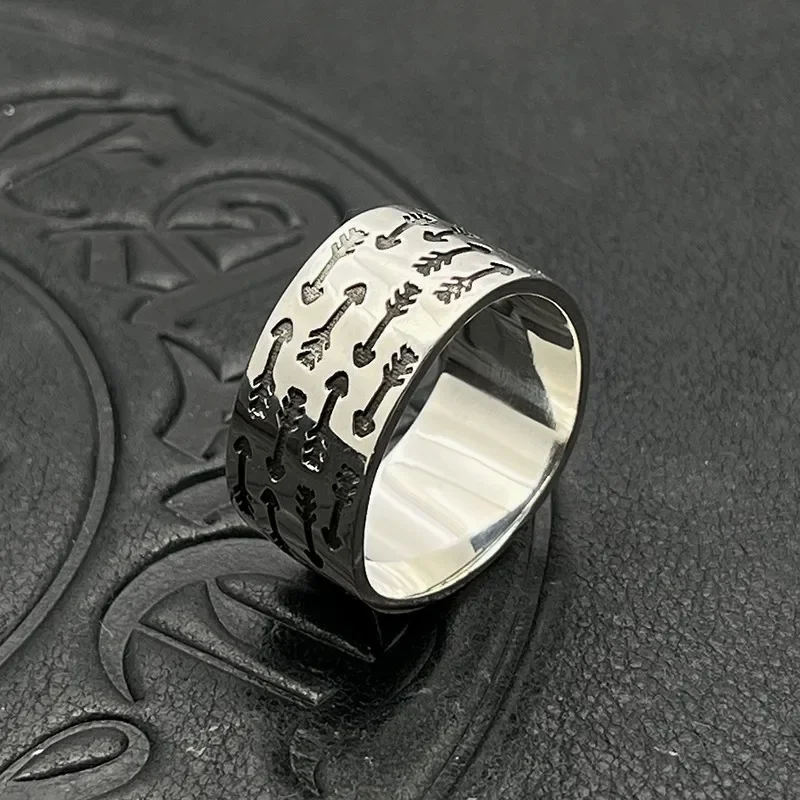 S925 sterling silver retro logo triangular ring niche high-end sense does not fade men's medieval