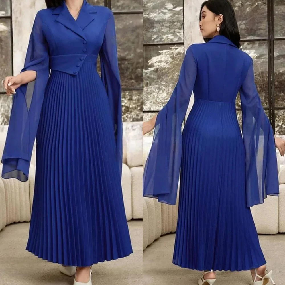 

Customized Exquisite Chiffon Pleat Button A-line V-neck Midi Dresses Bespoke Occasion Dresses Modern Style Pastrol Unisex Chines