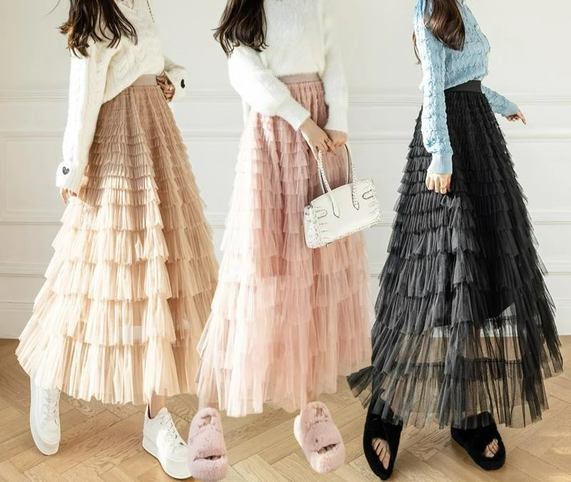 

2025 Spring and Summer New Solid Color Lotus Leaf Edge Yarn Skirt Half Body Skirt Women's Puff Mesh Long Skirt