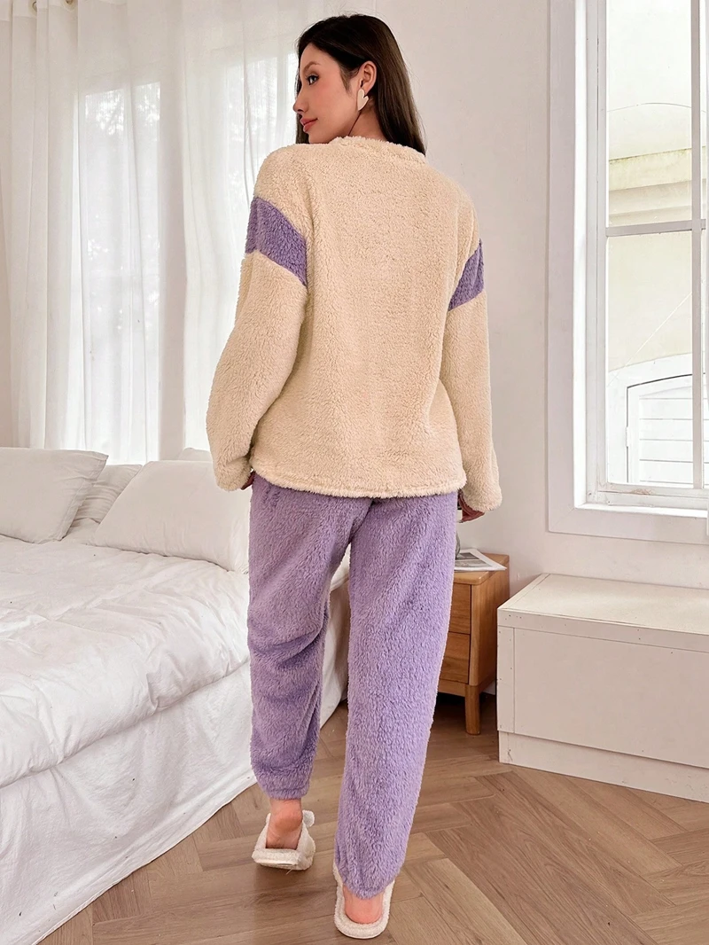 Contrast Slogan Print Flannel Pajama Set Long-Sleeve Top And Long Pants Ultra-Soft Women's Winter Warm Sleepwear Loungewear Pjs