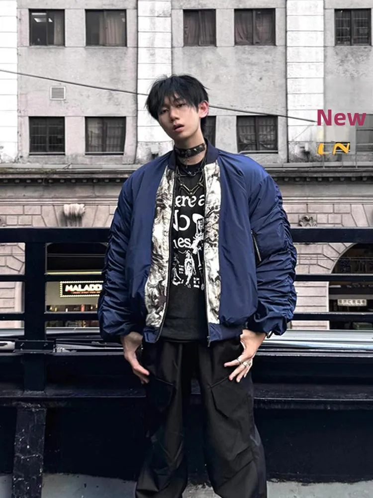 Water-Media Patchwork Bomber Jacket Men's Cotton Coat Winter Design Baseball Style Thickened Warm Long Sleeve Zipper Closure