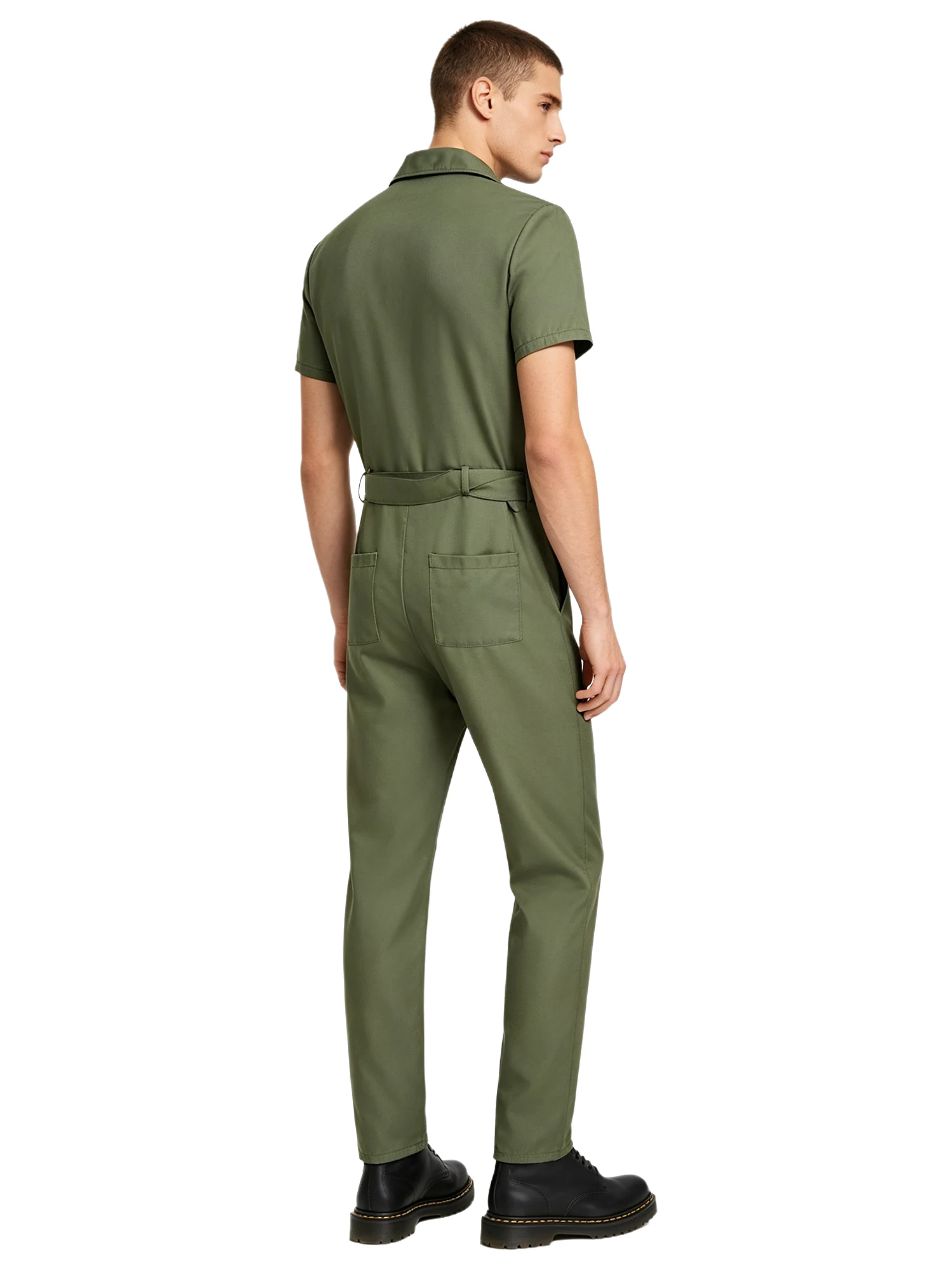Men Cargo Jumpsuit Coverall Short Sleeve Turn Down Collar Front Zip Multiple Pockets Belt for Mechanic Work Construction