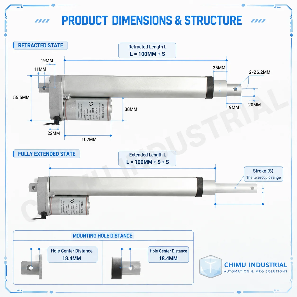 【CHIMU INDUSTRIAL】 for DC Motor Electric Linear Actuator 12V 24V 50-1000mm Stroke Telescopic Rod Miniature Lifter