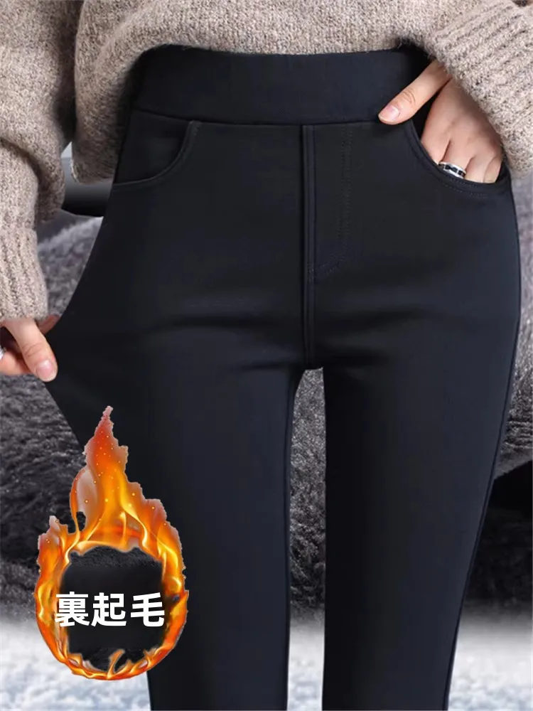 Fleece Lined Thick High Waist Slimming Leggings Women's Outerwear Autumn Winter Fashion Elastic Tight Warm Pants