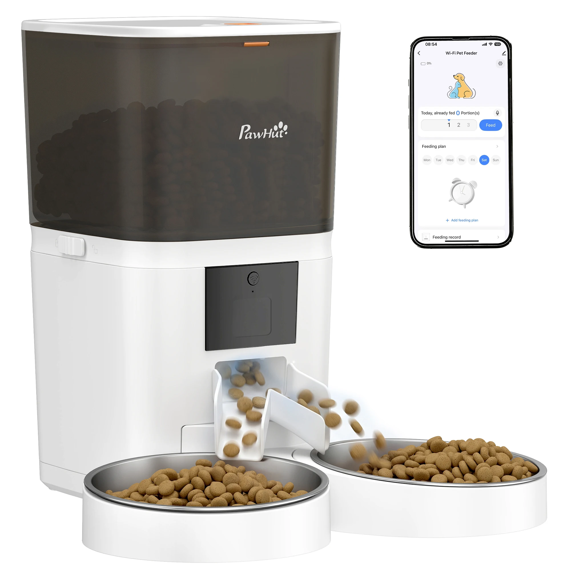 PawHut Comedero Automático 6L WiFi 2.4G con Control App 2 Cuencos Programable 1-10 Comidas Grabadora Voz 10s Fácil de Limpiar