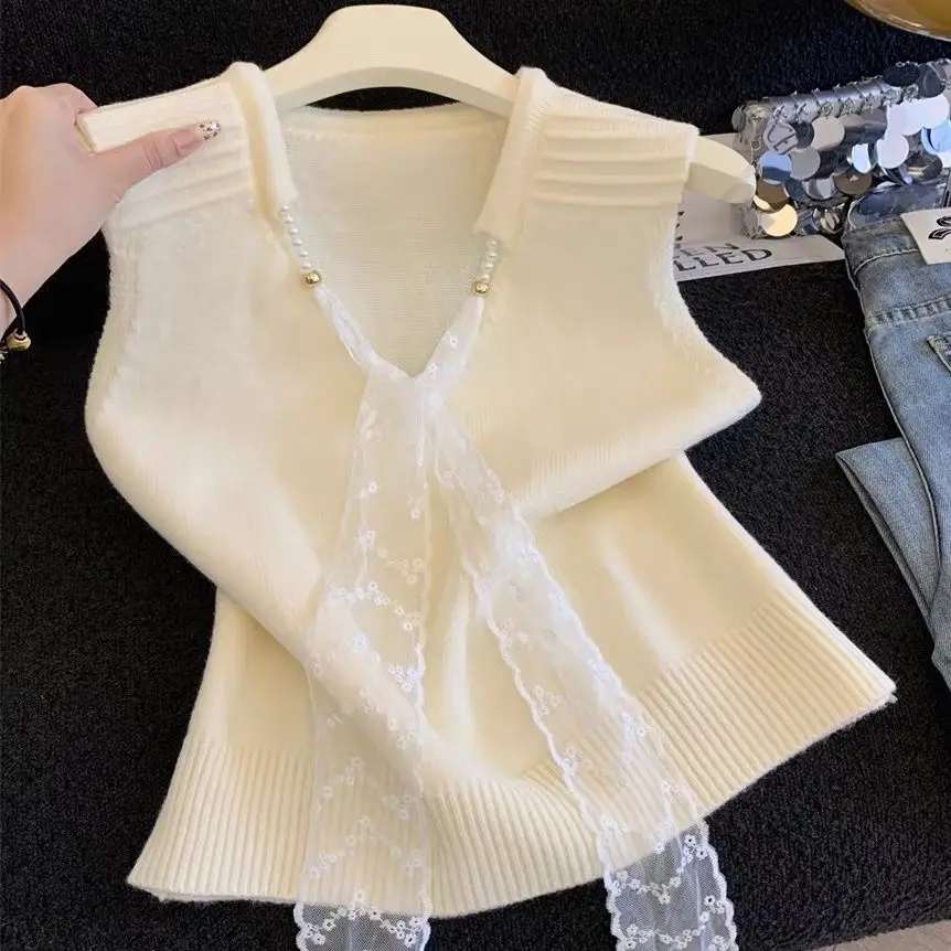 

French Sweet Lace Ribbon Knit Vest Women's Spring New Arrival V-Neck Pearl Button Sleeveless Chiffon Overcoat Top