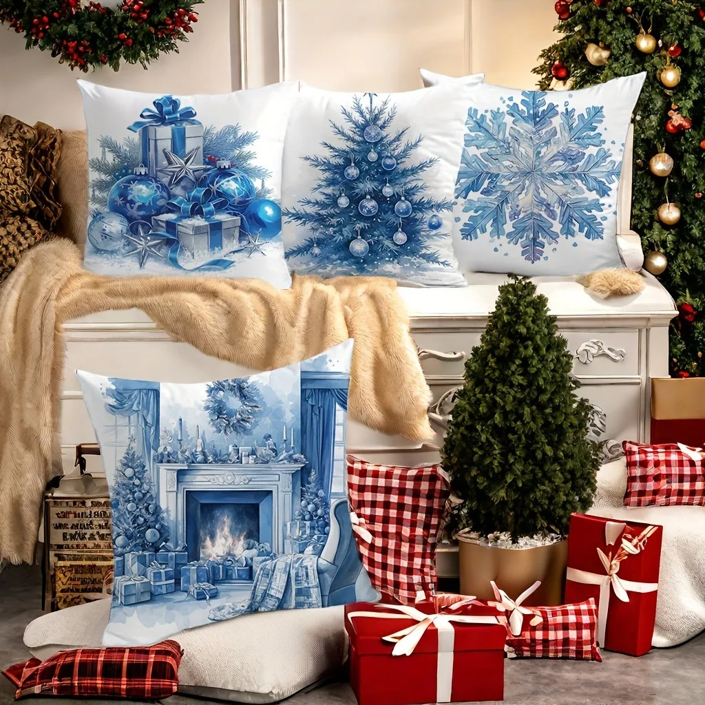 Merry Christmas decoration pillowcase New Year gift Blue Gift Box Stove pattern home room decoration Sofa cushion cover