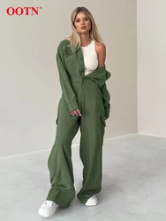 OOTN Fashion Khaki Long Jumpsuits Women 2024 Streetwear Long Sleeve Single Breasted Overalls Casual Green Loose Pants Jumpsuits