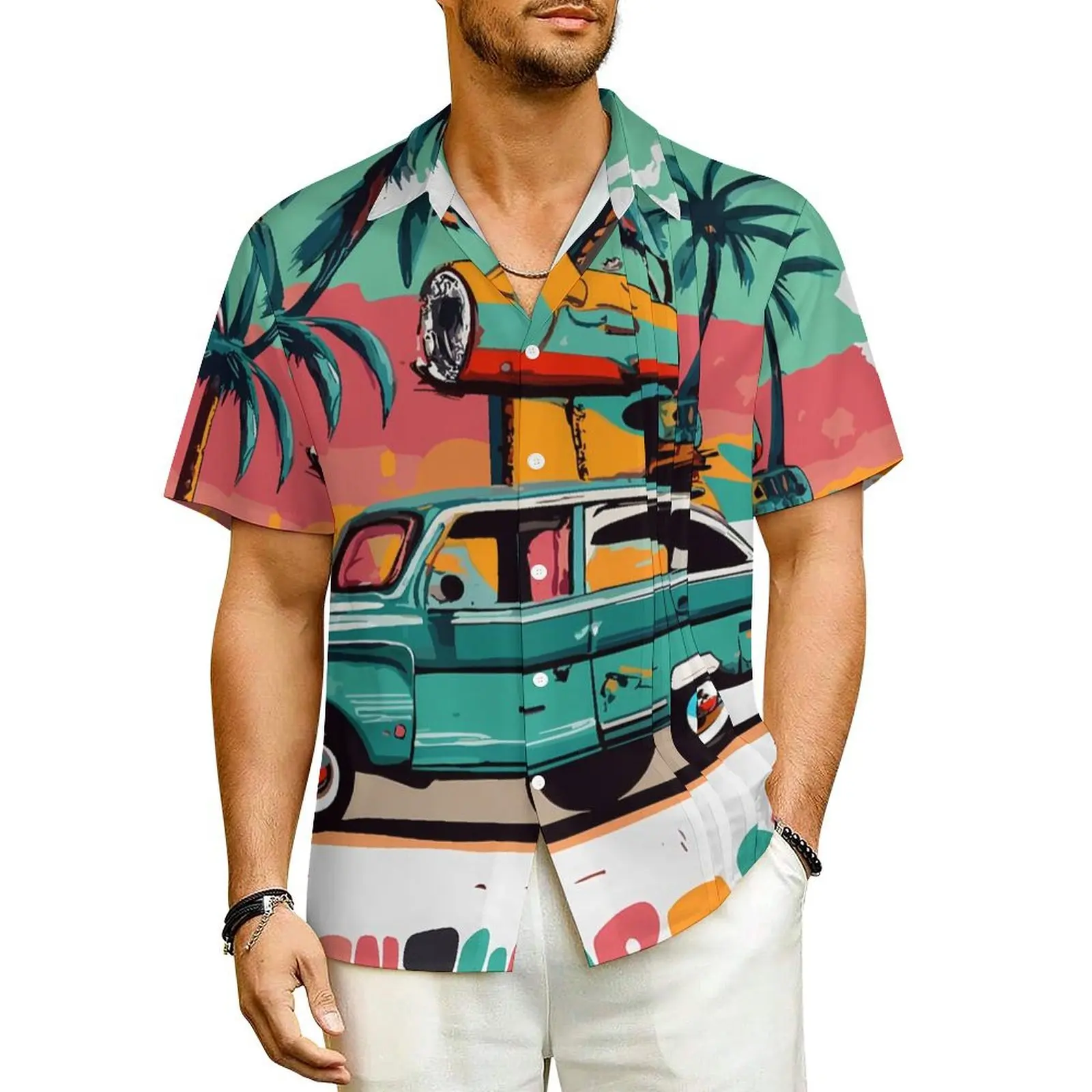 

Palm Tree Casual Shirt Vintage Car Vintage Hawaiian Shirts Man Short-Sleeved Vacation Y2K Funny Pattern Oversized Blouses