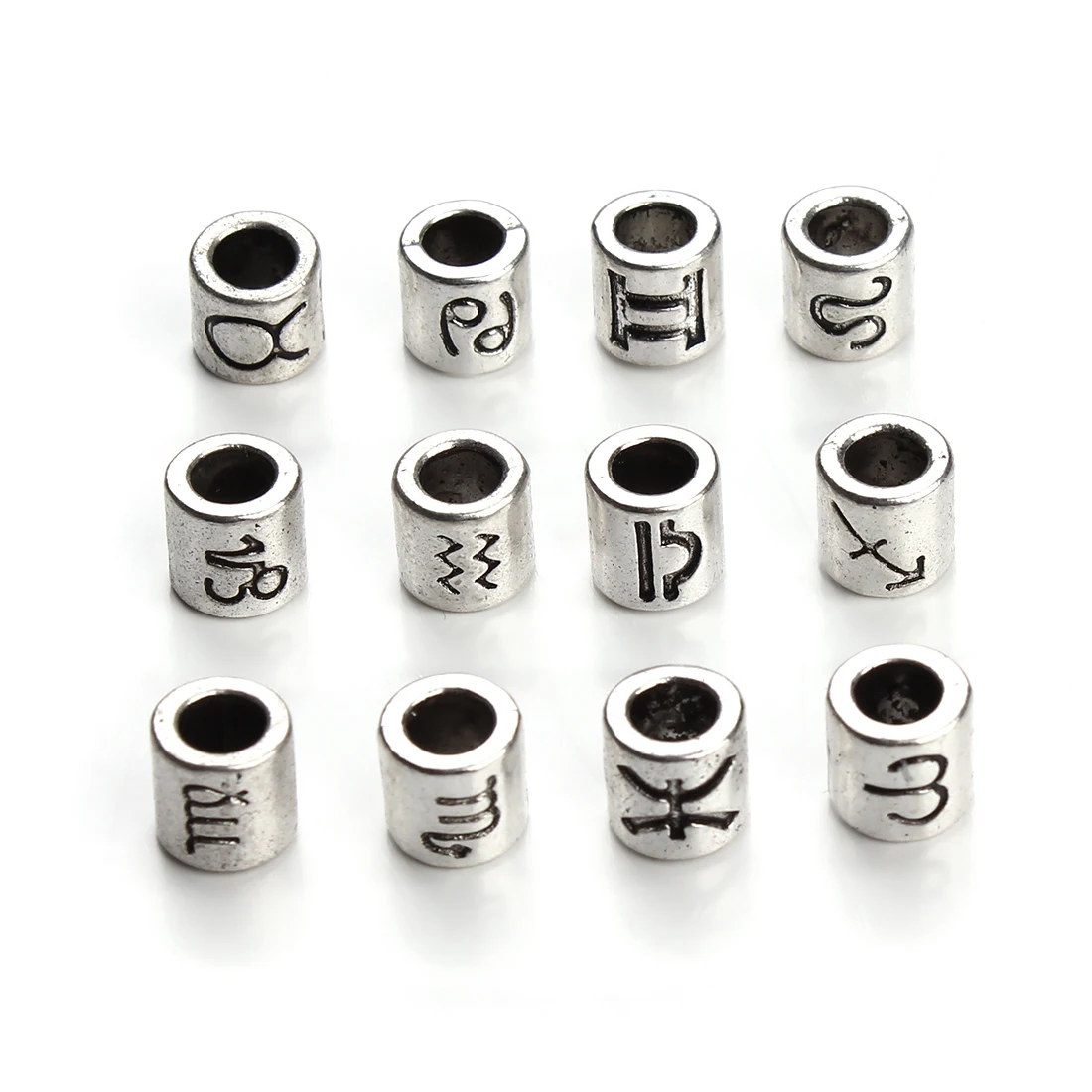 60pcs/lot Twelve Constellations Beads Alloy Beads Big Hole Tube Beads Spacer Loose Beads For Jewelry Making DIY Accessories