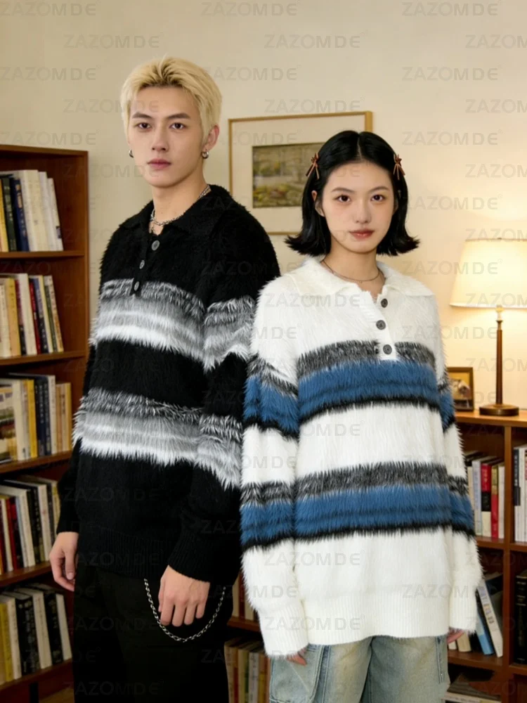 ZAZOMDE 2025 Modern Unisex V Neck Knit Sweater With Contrast Geometric Stripe Pattern And Decorative Minimalist Striking Design
