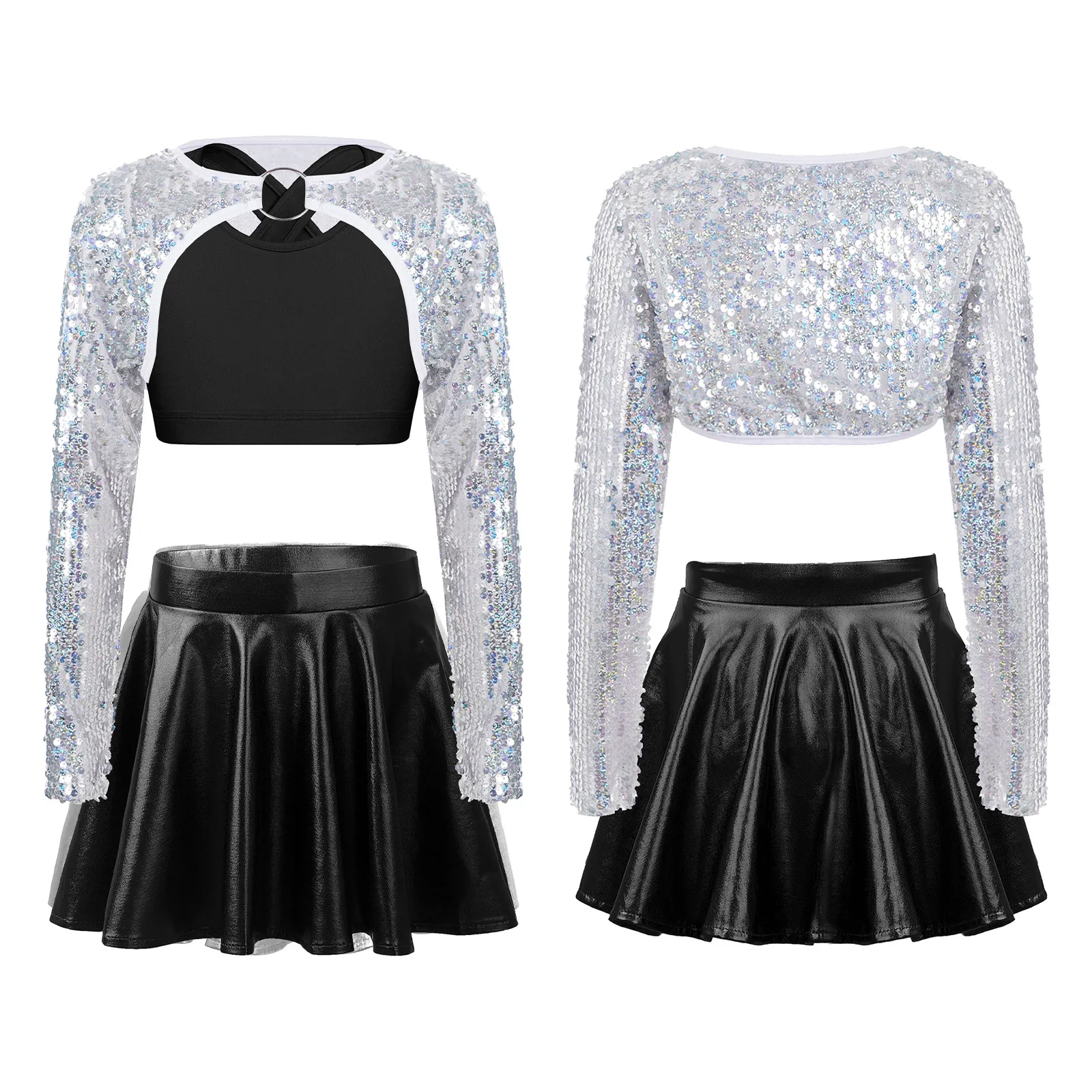 

3Pcs Kids Girls Jazz Dance Outfit U Neck Sleeveless Vest+Glittery Sequined Bolero Shrug Long Sleeve Crop Top+Metallic Skirt Sets