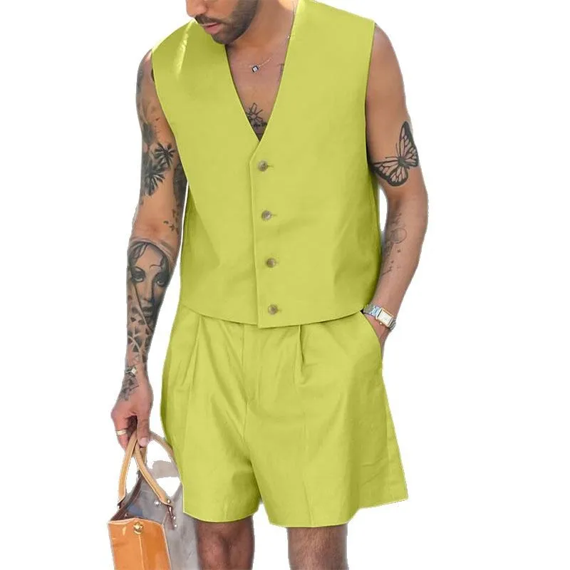 

Summer Men's Sets Fashion Solid Buttons V Neck Tops Blouses Shorts 2PCS Streetwear Party Suits Men Clothing Oversized