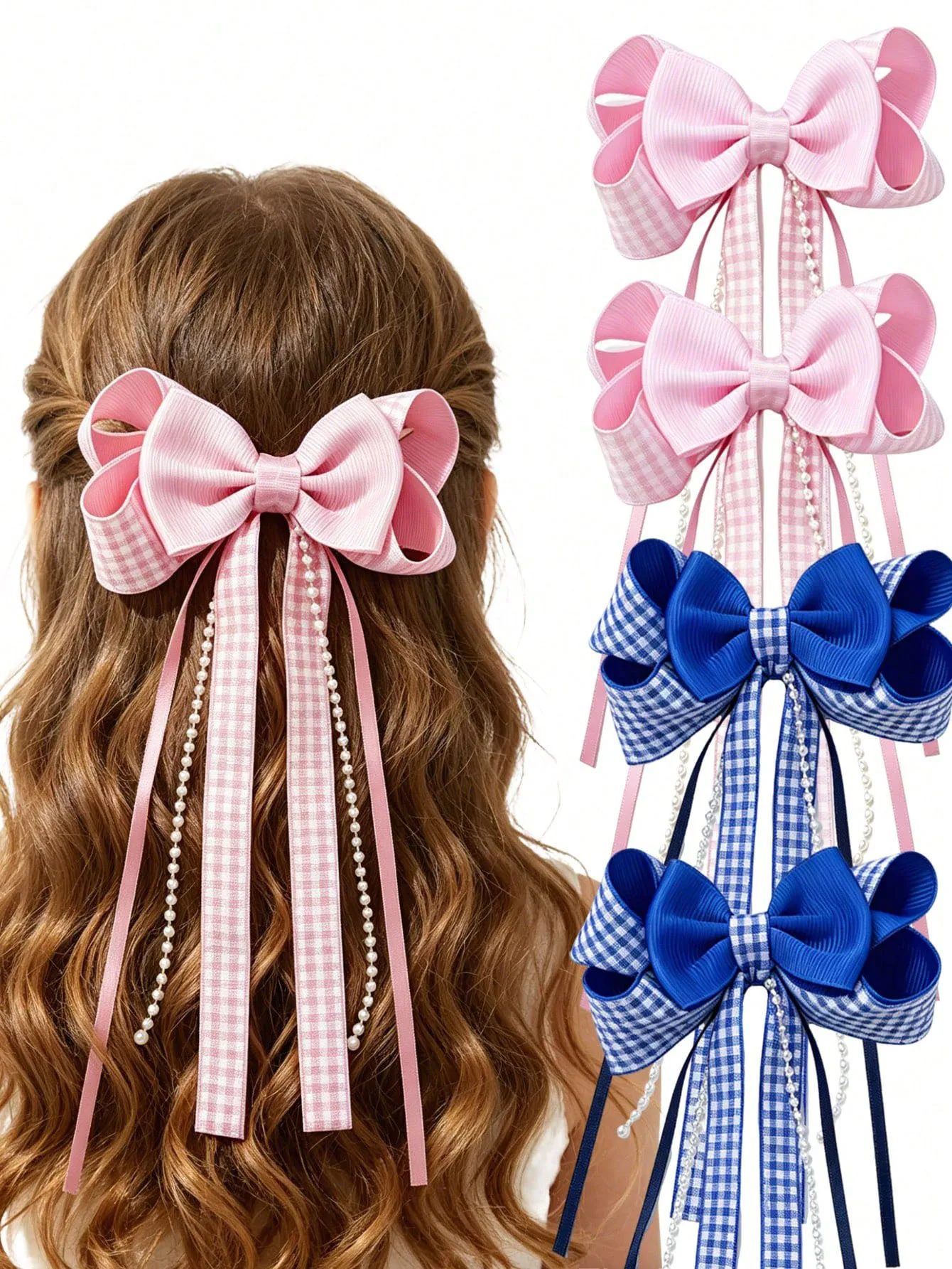 24PC Tartan Plaid Bow Hair Clips 4Inch Long Pearl Tassel College Style Hairgrips Hairpins for Women And Girls Headwear Accessory