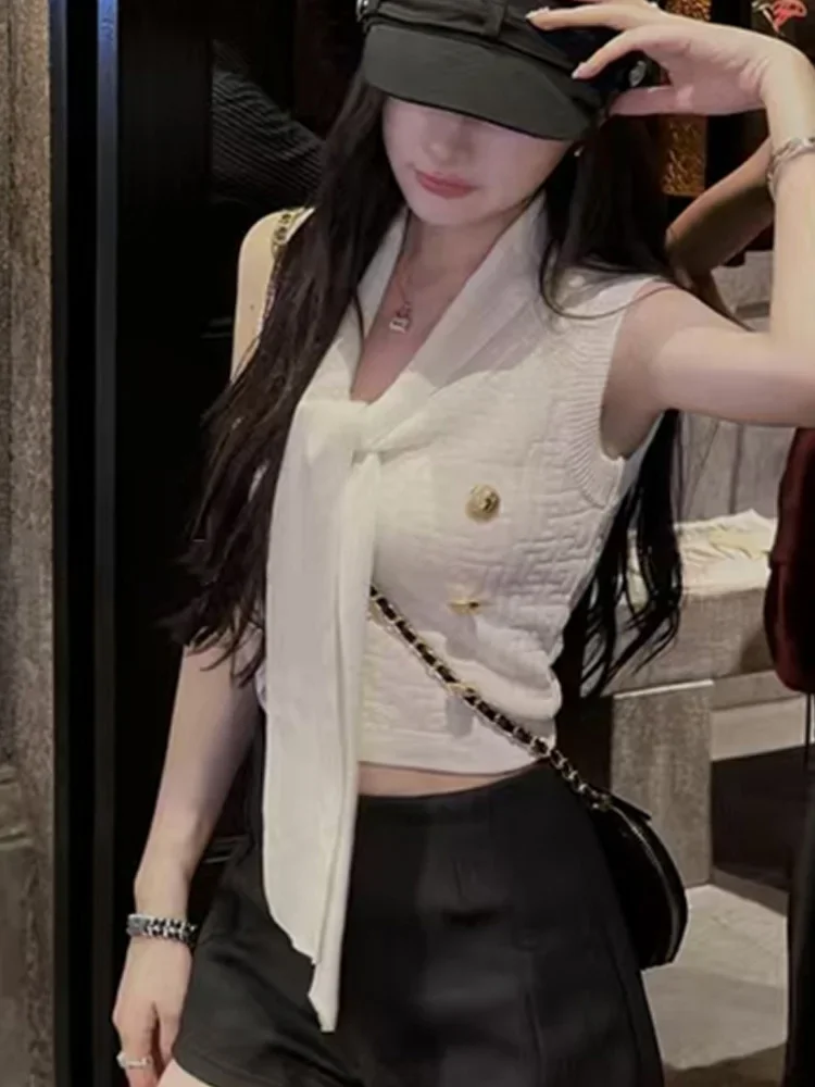 Nuevo chaleco sin mangas de punto con cuello en V para mujer, jersey de doble botonadura con cordones y cuello elegante, ropa de moda para mujer