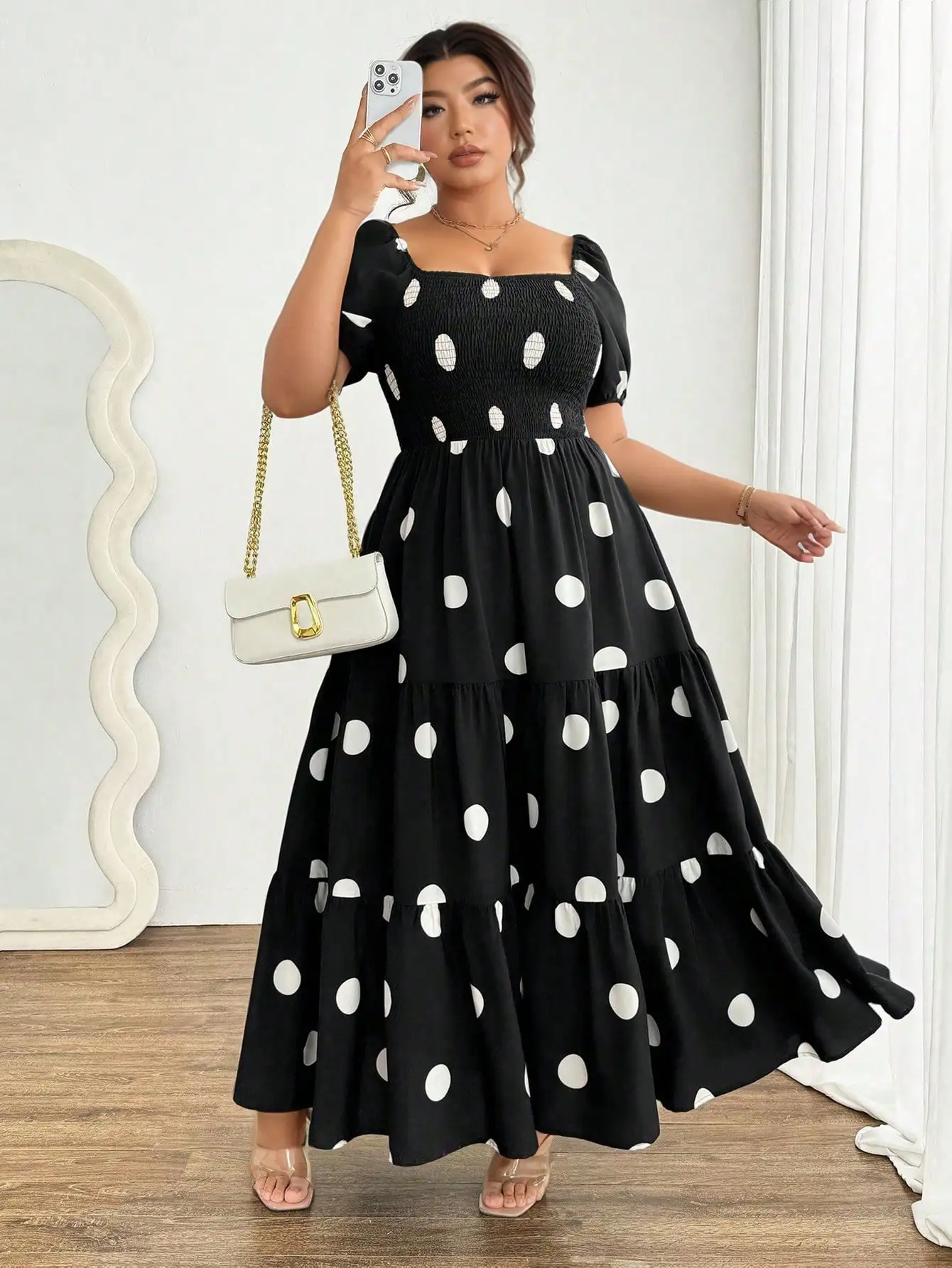 Ladies Black Polka Dot Ruffle Sleeve Square Collar Long Dress Elegant A-Line Summer Gown Suitable for Plump Figures view 2