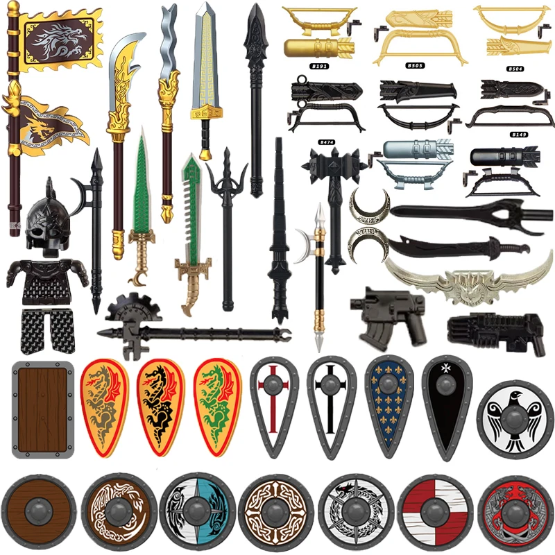 MOC Medieval Building Blocks Figure Soldier Accessories Weapon Set Helmet Shoulder Armor Shield Dart Mini Brick Gift Toy X022