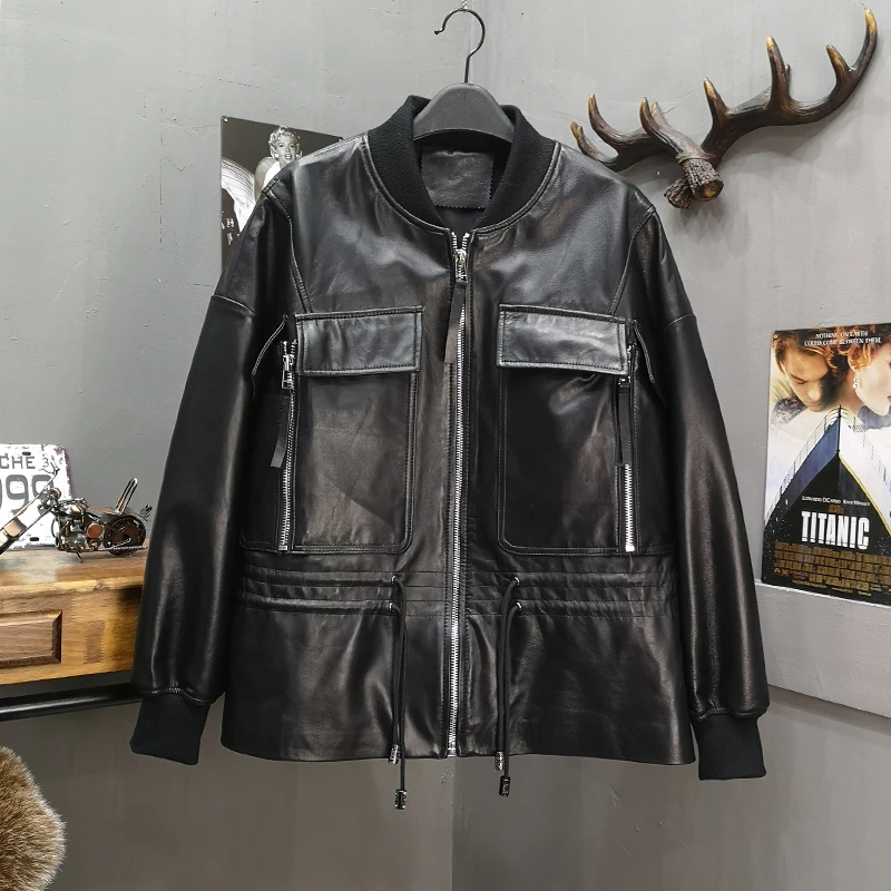 

2023Black Genuine Leather Jacket Women Streetwear Spring Autumn Loose Zipper Pocket Sheepskin Coats Fashion Motorcycle Jacket