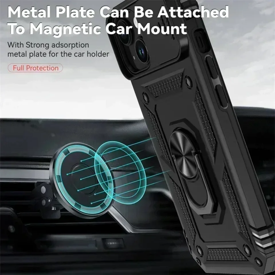 Funda blindada de grado militar con anillo giratorio y lente de cámara deslizante para iPhone 17 16 E 14 13 12 11 15 Pro Max Plus Mini 2