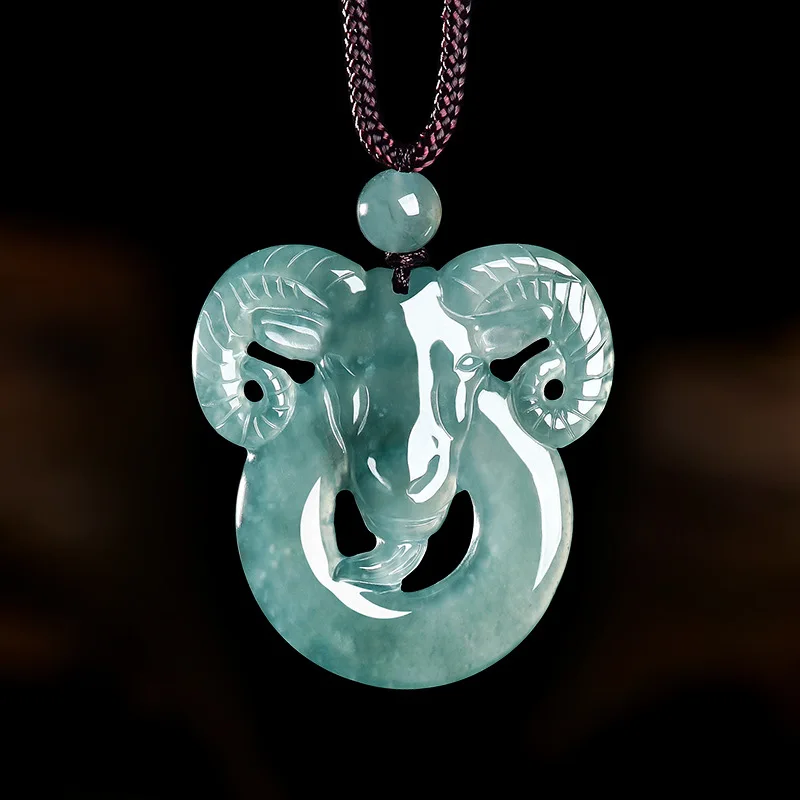 Natural Emerald Jade Blue Water Bellwether Zodiac Sheep Pendant Necklace Carved Charm Jadeite Jewelry Amulet Gifts Certificate