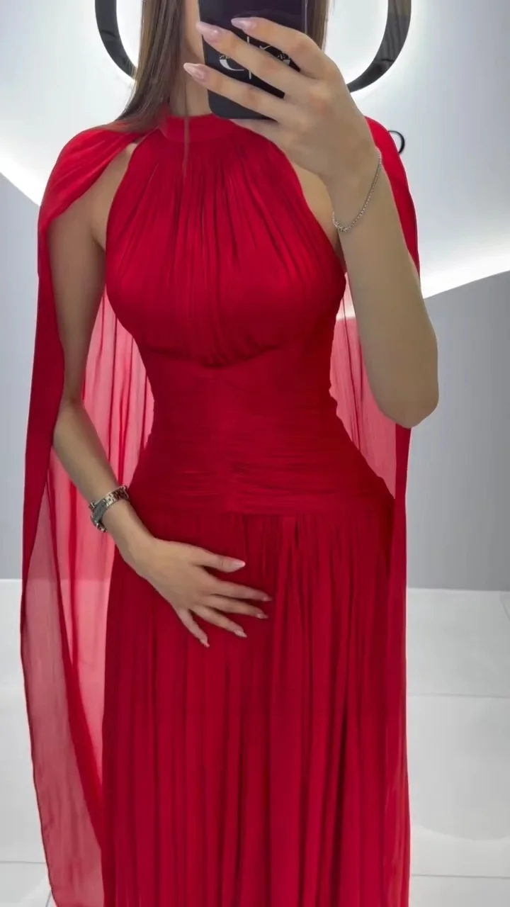 Women High Neck Cape Sleeve Chiffon Prom Dresses Red Ruched Bodice A Line Floor Length Back Zipper Evening Gown