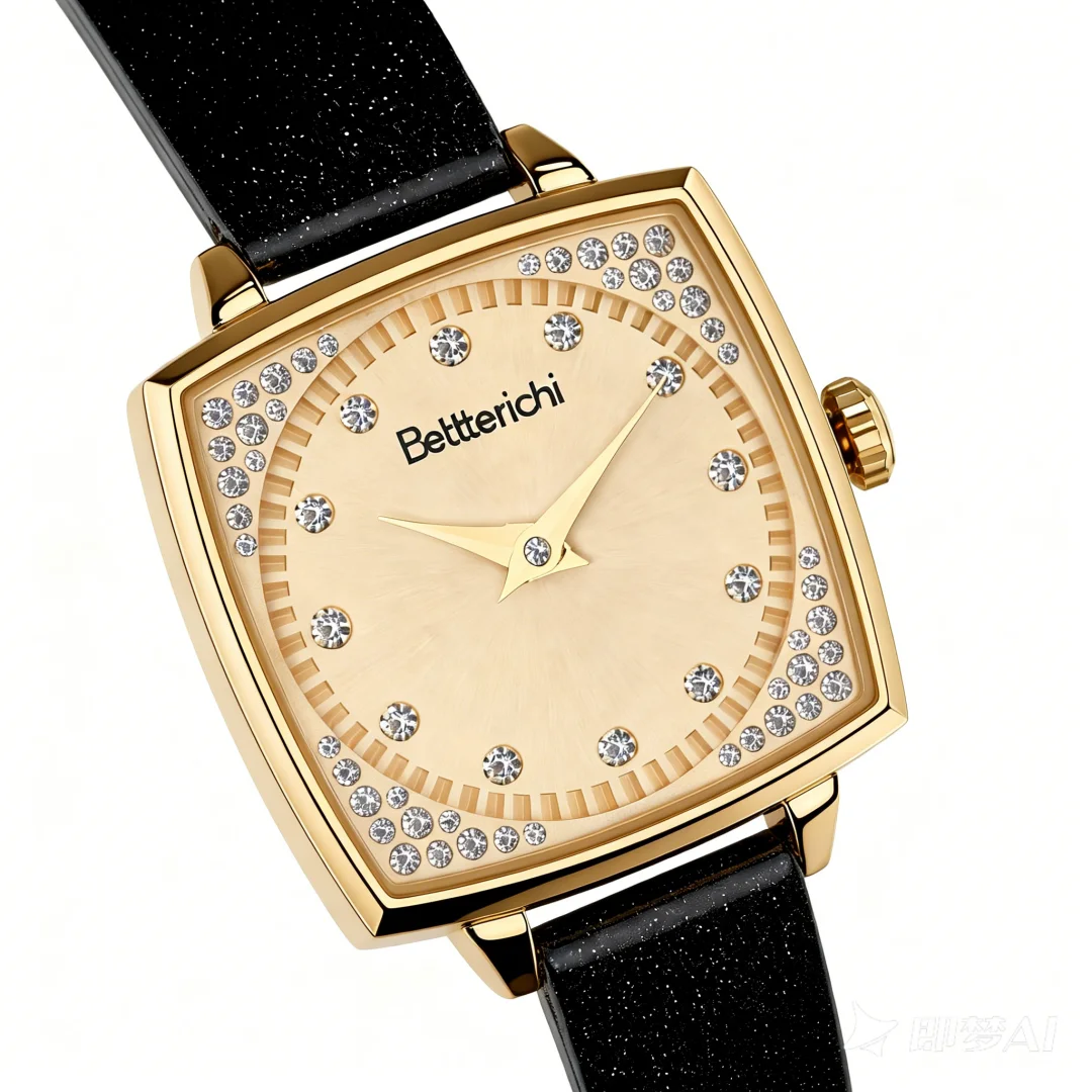 2026 New Bettterichi Square Ladies Quartz Watch Gold Plated Diamond Inlaid Dial Black Glitter Leather Strap Luxury Fashion Water