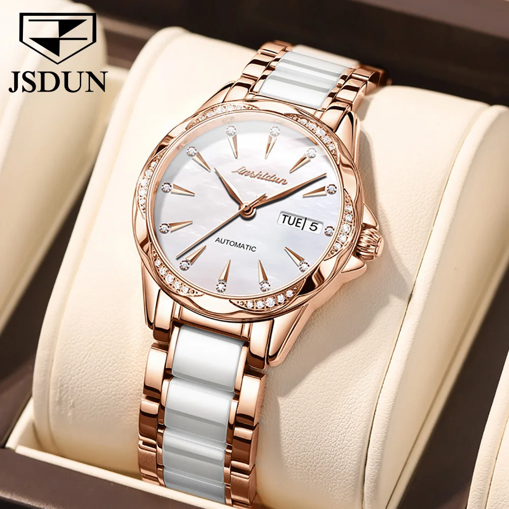 JSDUN-Relógio mecânico à prova d\'água Sapphire Lens para mulheres, design de diamante, presentes simples para mulher, marca superior, luxo, 50 m