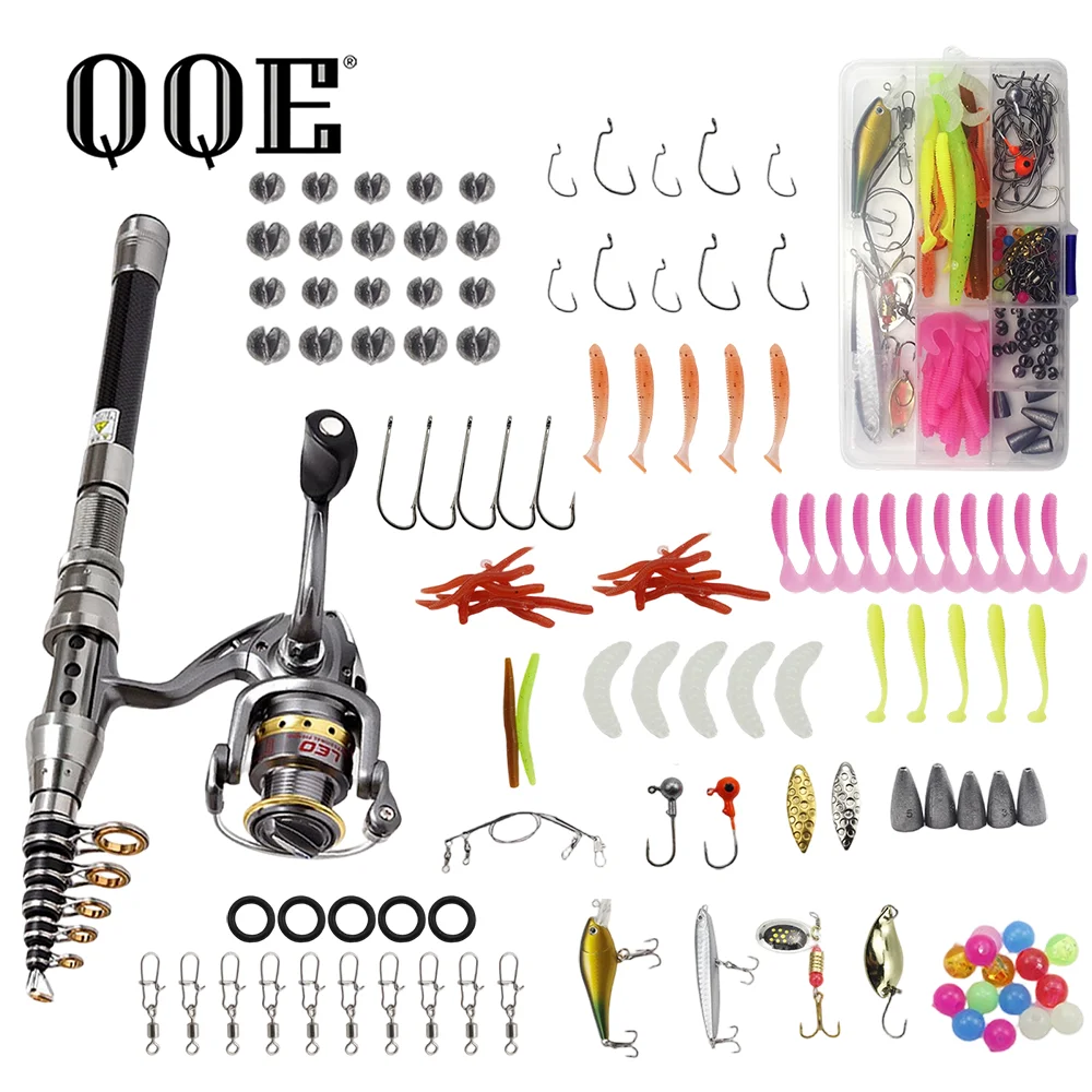 QQE 1.8Meters Portable Carbon Telescopic Fishing Rod Combo Spinning Reel Full Tackle Accessories for Salt & Freshwater Fishing
