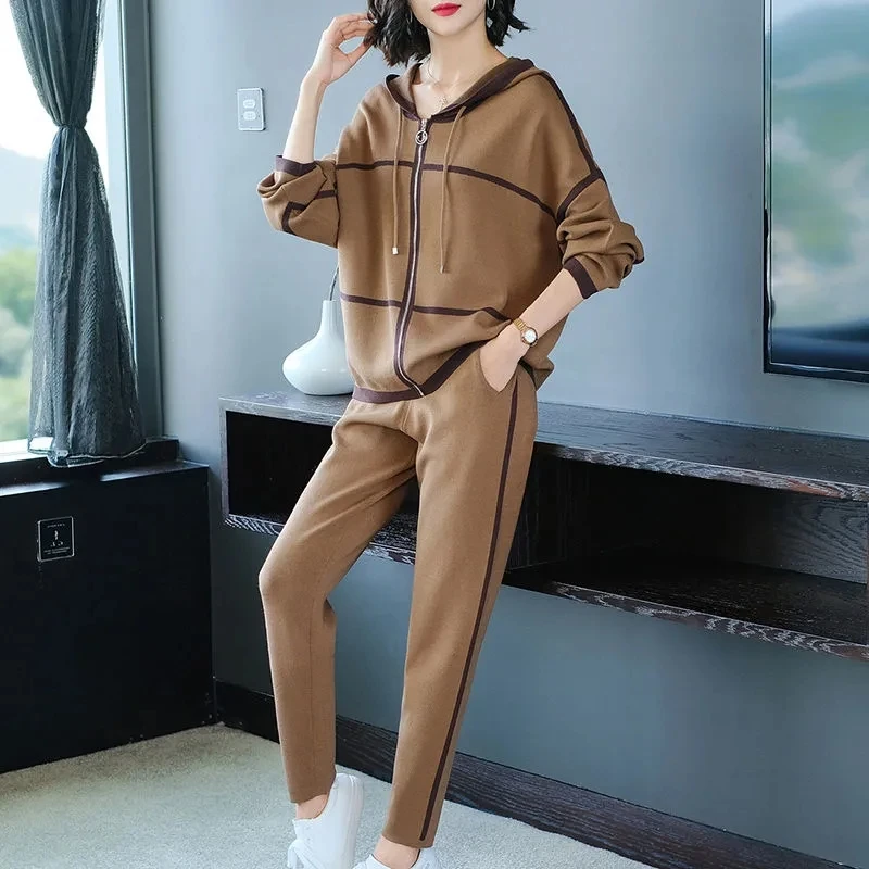 Two piece Women\'s Casual Sportswear Set 2024 Spring Autumn New Loose Long sleeved Knitted Hooded Zipper Set Women Clothing Sets