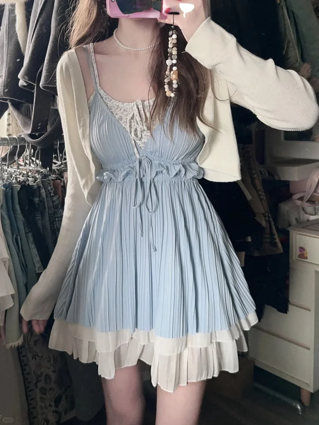 Ensemble de robe courte et cardigan pour femme, mode coréenne, décontracté, doux, mince, Y2K, mini robe, esthétique élégante, chic, été, 2 pièces