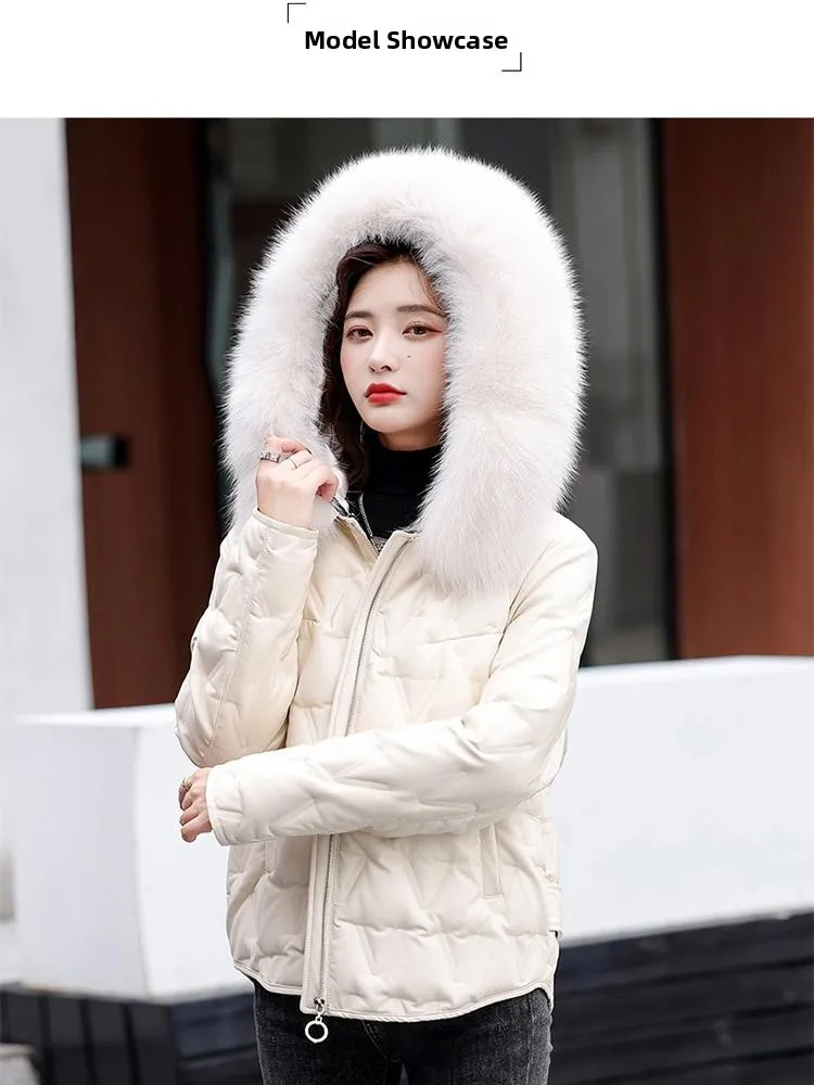   เสื้อแจ็คเก็ตหนังแท้ Ning รุ่น Puffer สำหรับผู้หญิง รุ่นใหม่ประจำฤดูหนาวปี 2025  พร้อมขนเฟอร์  เสื้อคลุมสำหรับสาวๆ