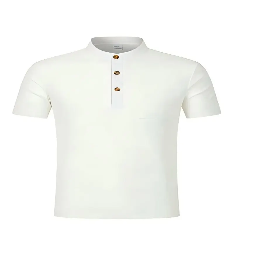 Men's Mandarin Collar Henley Short Sleeve T-Shirt, Casual Tee with Button Placket & Pocket, Men's Summer Solid Color Shirt