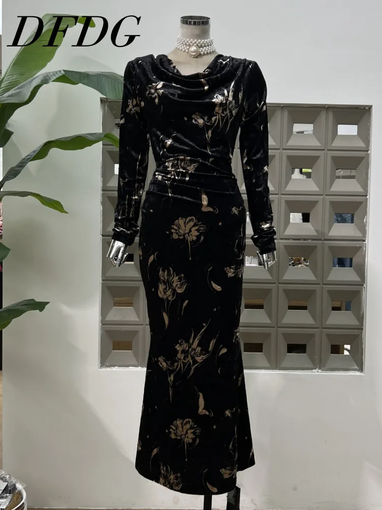

DFDG 2025 Designer Velvet Cowl Neck Dress Women Elegant Bodycon Mermaid Long Sleeve Turtleneck Formal Party Spring Autumn Dress