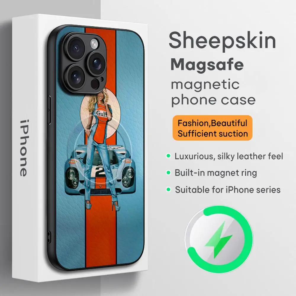 Cool Racing ins G-Gulf Phone Case For iPhone 16 15 14 13 12 11 Plus Pro Max High-end Luxury Magsafe Sheepskin