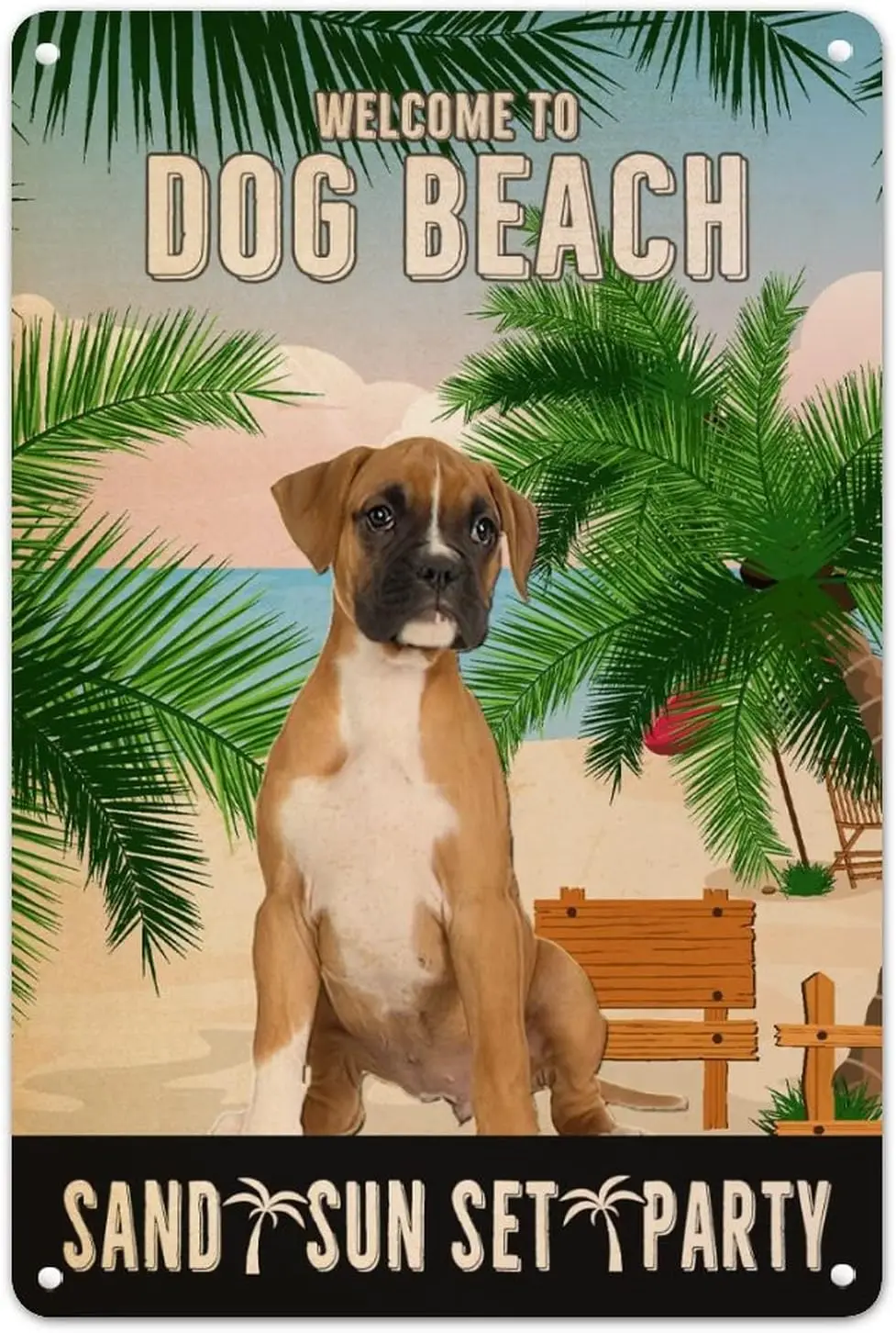 Welcome to Dog Beach Tin Sign Boxer Metal Plaque Summer Landscape Nostalgia Poster Painting Quality Aluminum Sign Thanksgiving D