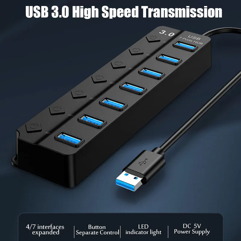 

USB HUB USB 3.0 2.0 Hub Multi USB Splitter Hub Use Power Adapter 4/7 Port Multiple Expander USB 3.0 Hub with Switch 30CM Cable