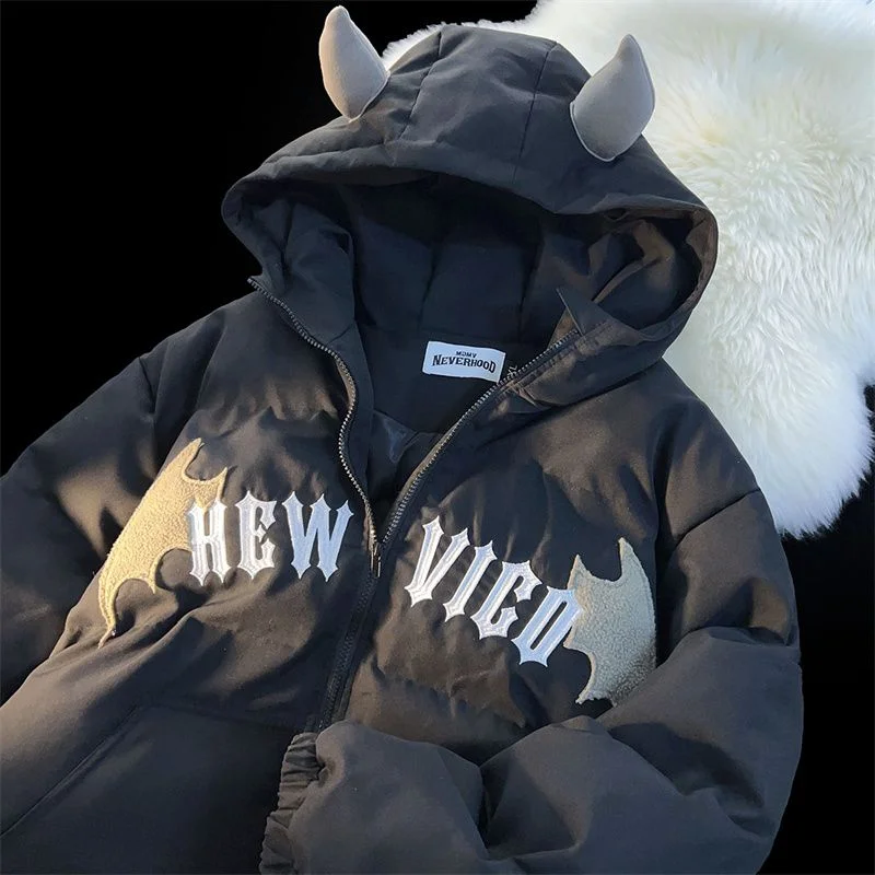 Cute Devil Horn Goth Wing Embroidery Quilted Coats Thicken Warm Winter Jackets Hip Hop Oversized Kawaii Harajuku Couples Teens