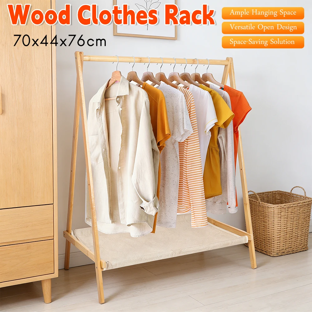 

Portable Foldable Wood Garment Rack Clothing Storage Organizer with Hanging Space & Shelves for Coats Skirts Shoes Bags Guest Ro