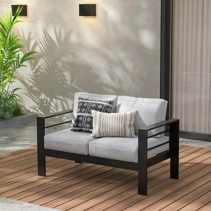 Wisteria Lane Muebles de jardín Sofá de dos plazas de aluminio, sofá de 2 asientos para exteriores para todo clima, silla de metal negro