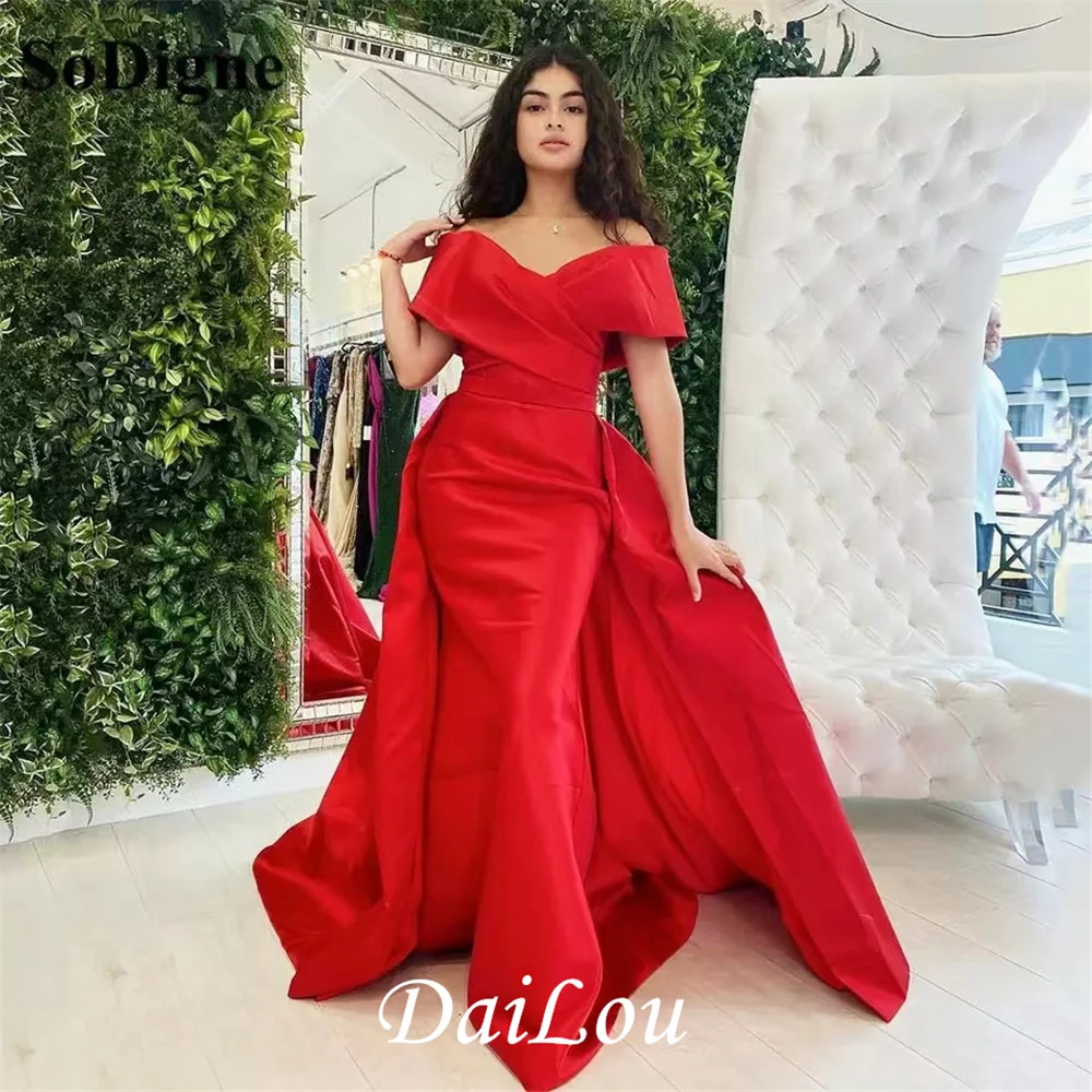 

Red Satin Evening Dresses Off The Shoulder Mermaid Formal Party Dress Detachable Tail Prom Gowns Women Robe de soirée