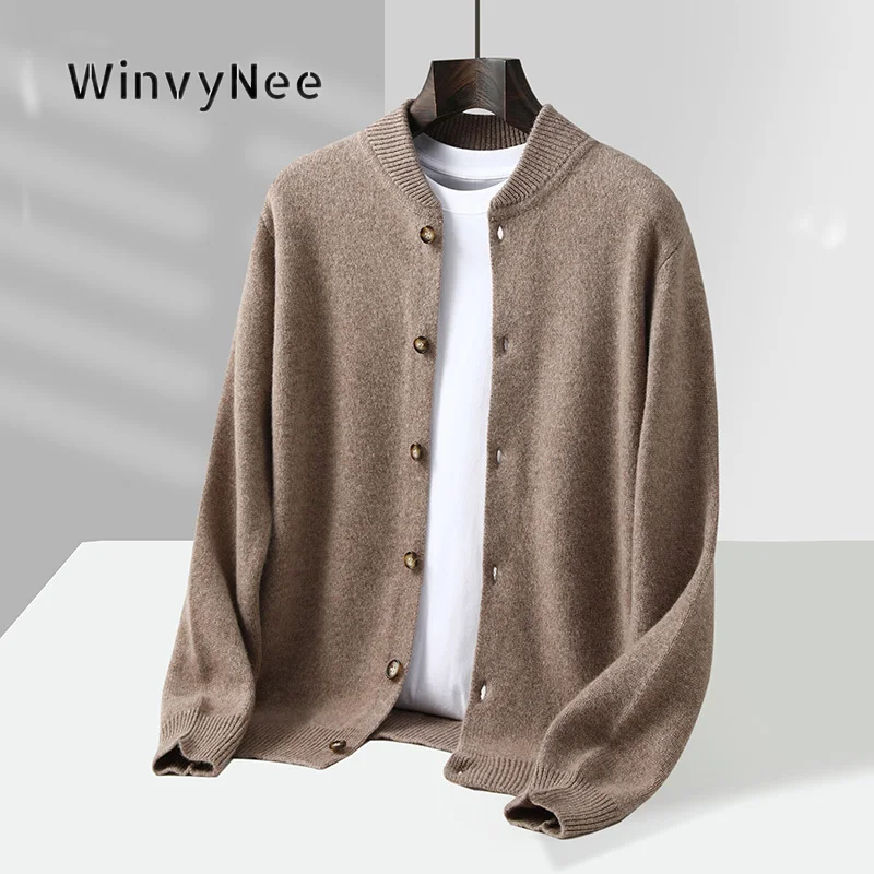 WinvyNee Men Ribbed Hem Cardigan Sweater 100% Wool Button Detail Warm Cosy Refined Outerwear Knit Leisure Resort Style YN1853055