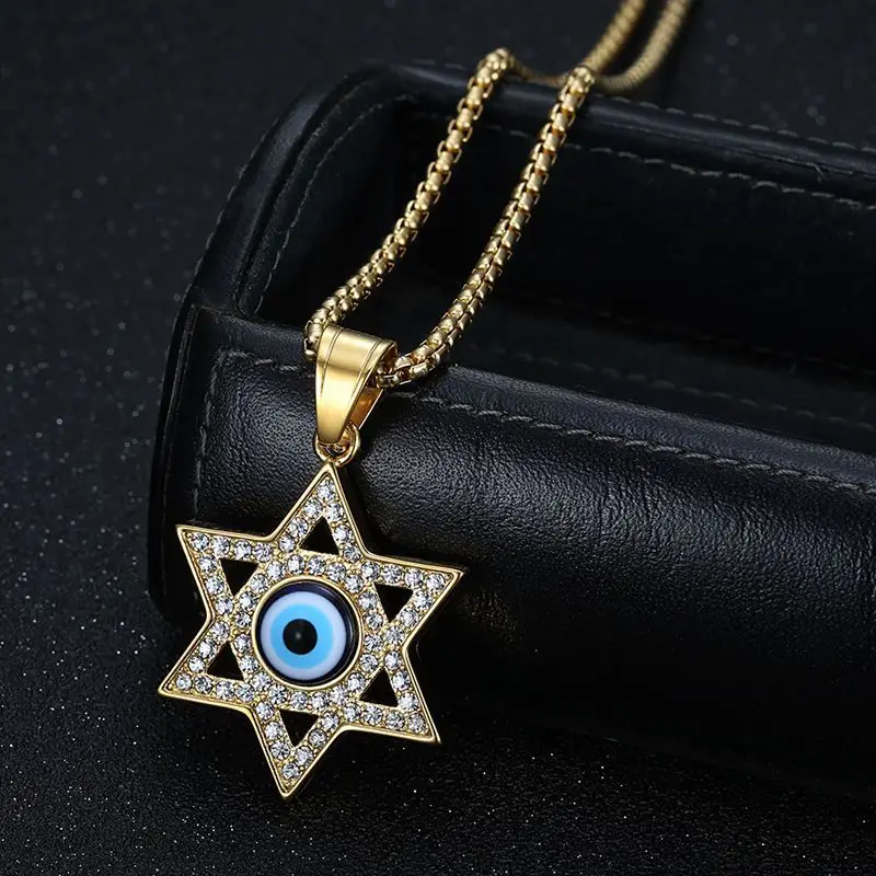 Exquisite Six-pointed Star Devil's Eye Necklace Pendant Men's Jewish Star of David Lucky Amulet Jewelry