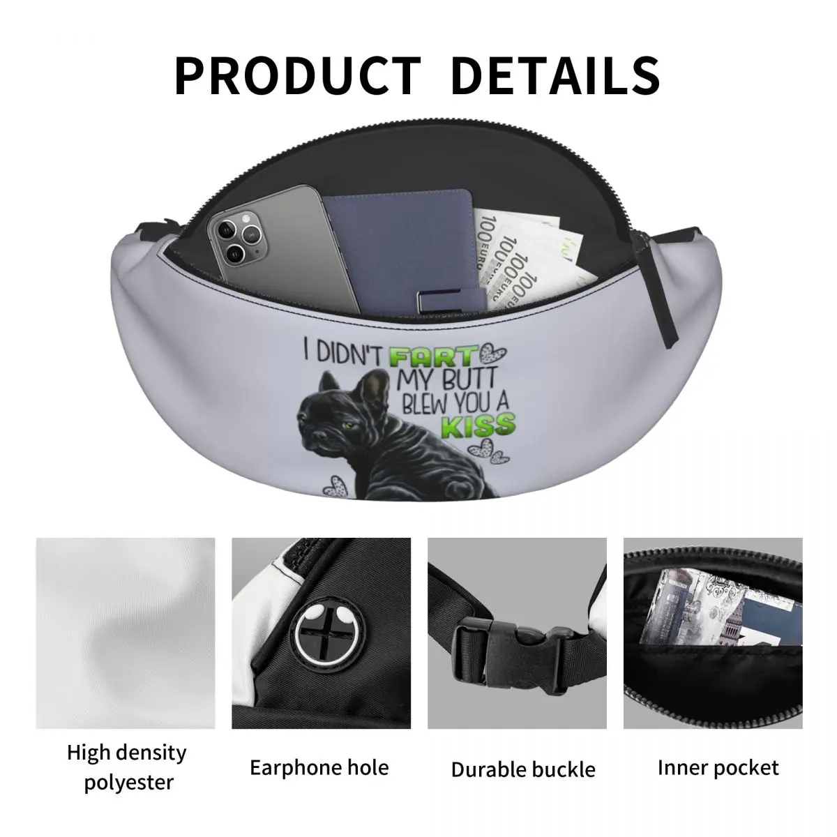 Custom Schattige Franse Bulldog Fanny Pack Voor Mannen Vrouwen Cool Grappig Frenchie Huisdier Crossbody Heuptas Reizen Wandelen Telefoon Geld Zakje