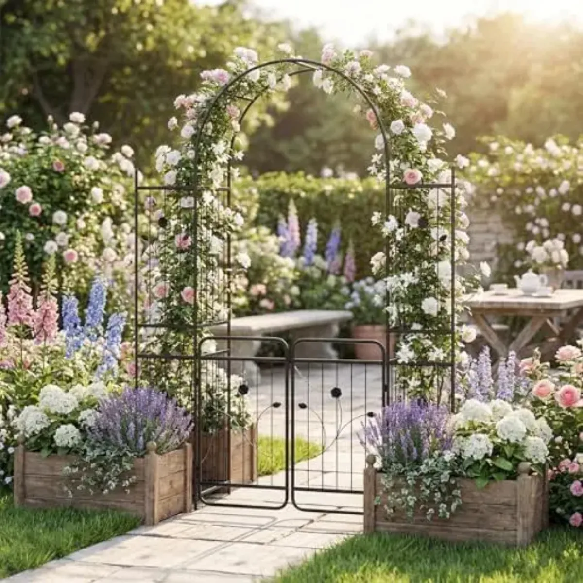 87-Inch Metal Garden Arch with Lockable Gate, Side Shelves, Black | Heavy-Duty Arbor Trellis for Climbing Plants