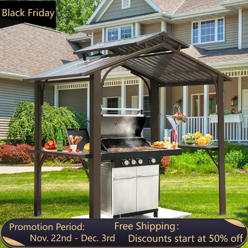 8×5 FT Hardtop Grill Gazebo, Outdoor BBQ Gazebo with Galvanized Steel Double Roof, Permanent Sun Shade Grill Canopy Shelter