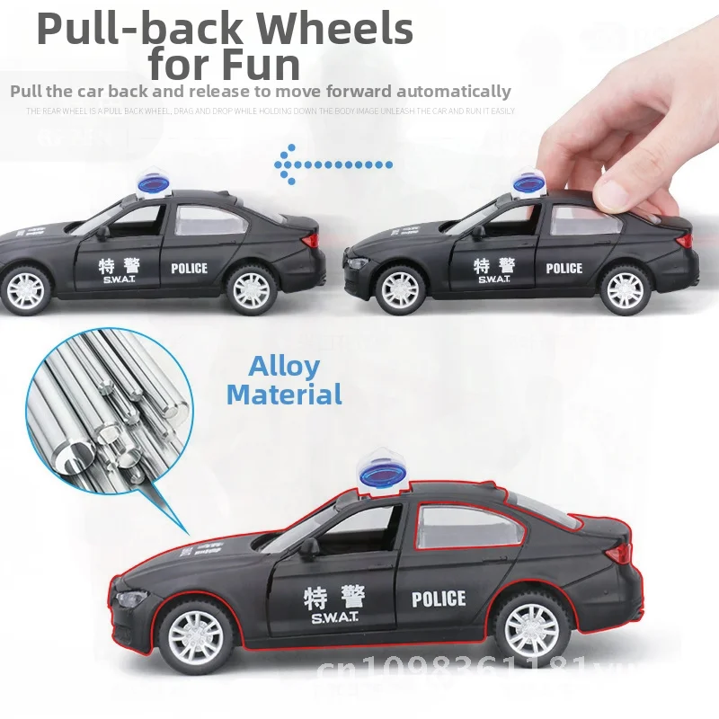 Giocattolo modello in lega di auto della polizia Huili in scala 1:32 con simulazione di luce e musica Auto da tirare indietro per bambini Educativo Nero SWAT Bianco