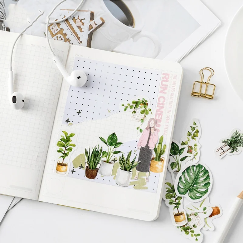 45 قطعة في كل عبوة من ملصقات النباتات بوعاء أخضر، مواد تزيين سجل القصاصات ذات الطراز الطبيعي الطازج، ألبوم الصور، ملصقات صناعة يدوية #3