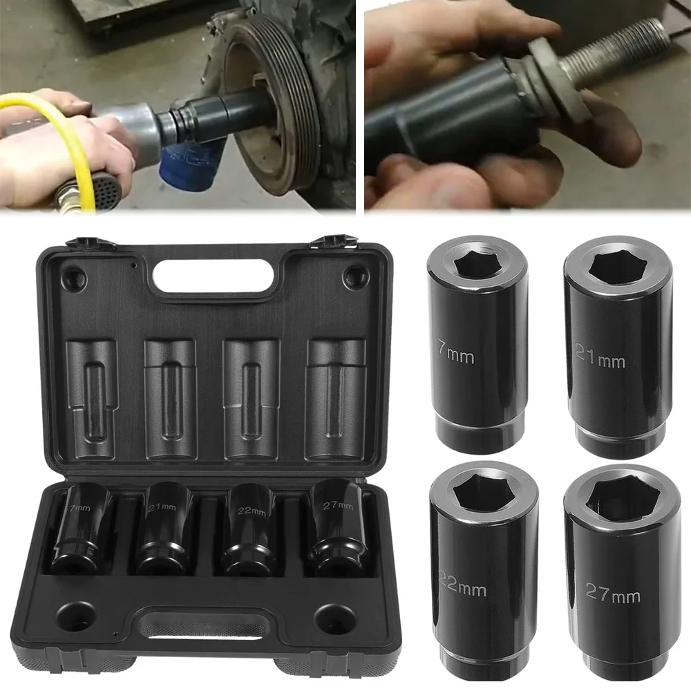 

4pcs Crank Bolt Socket Kit 17mm 21mm 22mm 27mm Harmonic Balancer Socket Set Deep Impack Socket Heavy Duty 1/2" Drive